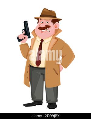 Vettore di stock personaggio detective che tiene una pistola. Personaggio dei cartoni animati investigatori. Illustrazione vettoriale. Illustrazione Vettoriale