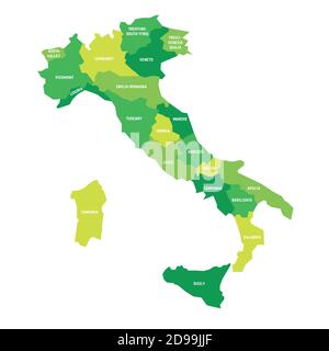 Mappa verde dell'Italia divisa in 20 regioni amministrative. Etichette bianche. Semplice illustrazione vettoriale piatta. Illustrazione Vettoriale