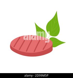 Paty hamburger a base di piante e foglie di fagioli isolati su sfondo bianco. Proteine non a base di carne e concetto alimentare vegetariano. Immagine piatta vettoriale. Illustrazione Vettoriale