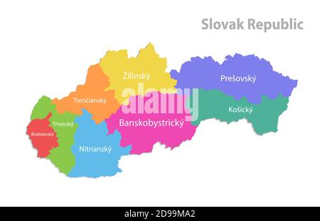 Mappa della Repubblica slovacca, divisione amministrativa, regioni separate con nomi slovacchi, mappa dei colori isolata su vettore di sfondo bianco Illustrazione Vettoriale