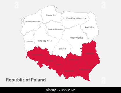 Mappa della Repubblica di Polonia nei colori di La bandiera Slovacchia con divisioni amministrative vettore Illustrazione Vettoriale