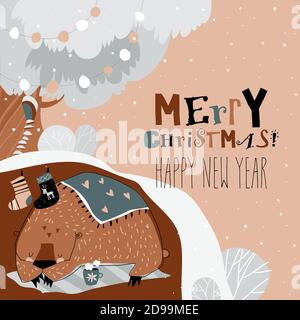 Carino orso cartoon dormire in den nella foresta invernale Illustrazione Vettoriale
