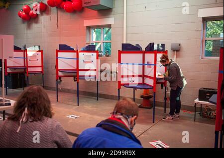 Alessandria, Stati Uniti d'America. 03 Nov 2020. Una donna lancia il suo voto alla stazione del Dipartimento del fuoco di Alessandria n°4, il giorno delle elezioni ad Alessandria, Va., Martedì, 3 novembre 2020. Credit: Rod Lamkey/CNP | Usage worldwide Credit: dpa/Alamy Live News Foto Stock