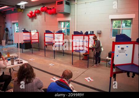 Alessandria, Stati Uniti d'America. 03 Nov 2020. Una donna lancia il suo voto alla stazione del Dipartimento del fuoco di Alessandria n°4, il giorno delle elezioni ad Alessandria, Va., Martedì, 3 novembre 2020. Credit: Rod Lamkey/CNP | Usage worldwide Credit: dpa/Alamy Live News Foto Stock