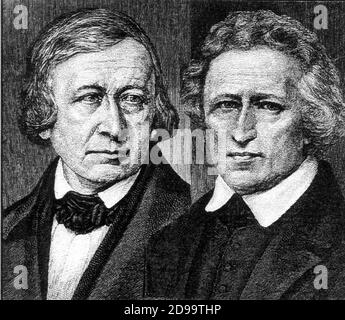 I due scrittori tedeschi, i fratelli GRIMM, JAKOB (1785-1863) e WILHELM (1786-1859), autori del celebre libro 'Fables' (1812-1822) - scRITTORI - Fiaba - fiabe - fiaba - fiaba - fiaba - favola - favole - ritratto - ritratti - fratelli - fratelli - ritratto - ritratto --- Archivio GBB Foto Stock