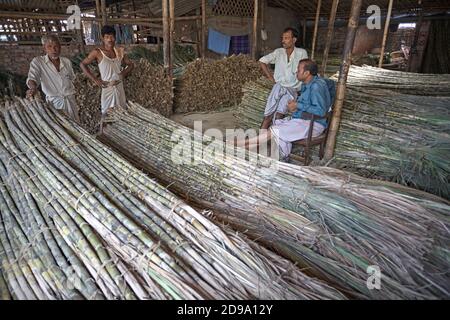 Chittagong, Bangladesh, 2009 luglio - UN gruppo di uomini aspetta accanto al loro grande carico di canna da zucchero. Foto Stock