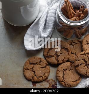 Biscotti di zenzero con latte e bastoncini di cannella, cibo per famiglie Foto Stock