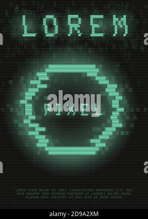 Poster retrovuturistico con un cerchio di pixel cyber glitch. Modello cyberpunk con cerchio al neon verde olografico con effetto di distorsione. Incandescente Illustrazione Vettoriale