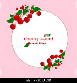 Cornice rotonda con ciliegie. Bacche di ciliegia e foglie. Cornice per il testo. Illustrazione Vettoriale