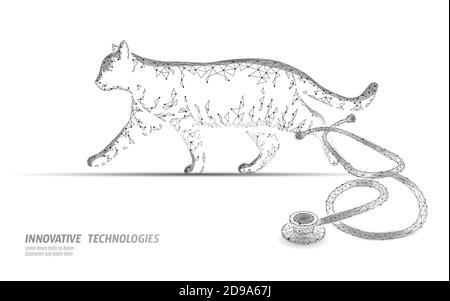 Modello di banner per clinica veterinaria silhouette Cat. Analisi stetoscopio infezione da virus. Vet cura assistenza medica. Vet medico ospedale online logo vettore Illustrazione Vettoriale