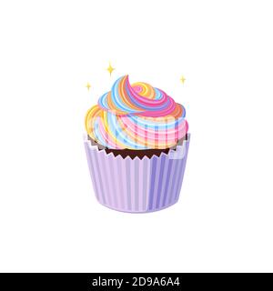 Cupcake con ghiaccio arcobaleno roteato. Gustoso muffin con crema colorata. Illustrazione vettoriale in simpatico stile cartoon Illustrazione Vettoriale