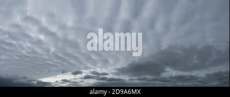 Panorama del cielo grigio drammatico con le nuvole spesse e ondeggianti. Foto Stock