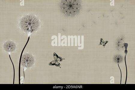 Sfondo scuro grunge, silhouette monocromatiche di andelioni e farfalle Foto Stock