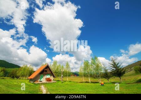 Donna Brezna, Montenegro - 5/24/2019 - Case rustiche circondate dalla natura in primavera Foto Stock