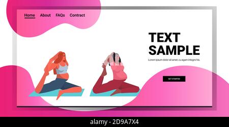 mix razza donne incinte facendo yoga fitness esercizi di allenamento sano stile di vita concept ragazze meditando insieme orizzontale full length copia spazio illustrazione vettoriale Illustrazione Vettoriale