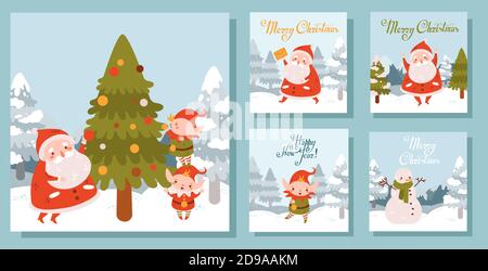 Set di illustrazioni della piazza di Natale con Santa e elfi. Paesaggio invernale Illustrazione Vettoriale
