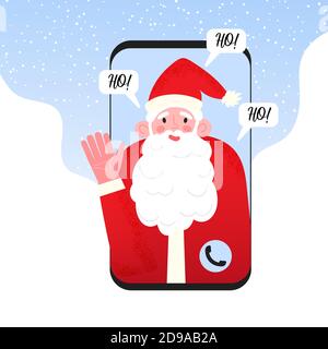 Videochiamata a Babbo Natale. Auguri di buon Natale e buon anno grazie alla chiamata in arrivo e alla videochat online. Concetto di Natale virtuale durante Illustrazione Vettoriale