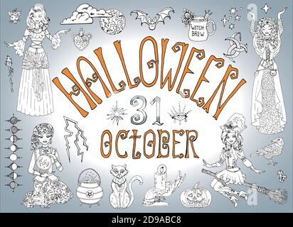 Collezione di Halloween con belle ragazze streghe che indossano costumi di zingaro e cassiere di fortuna. Illustrazione vettoriale disegnata a mano per colorare pagina e libro. Illustrazione Vettoriale