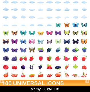 100 universal set di icone. Cartoon illustrazione di 100 icone universali set di vettore isolato su sfondo bianco Illustrazione Vettoriale