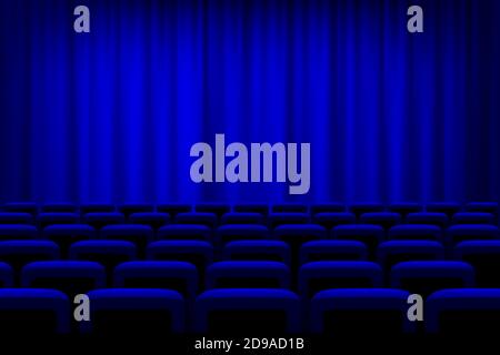 Teatro con tende blu e posti a sedere sfondo. Immagine vettoriale di un auditorium vuoto. Film o mostra presentazione o evento di performance. Guardare Illustrazione Vettoriale