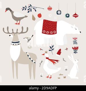 Set di simpatici animali di Natale, uccelli e icone decorative. Orso polare, cervo e uccelli d'oca con coniglio bianco. Ornamenti natalizi con agrifoglio, frutta Illustrazione Vettoriale