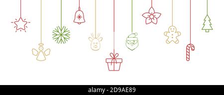 Colori baubles appesi con fiocco di neve, canna caramella, santa, albero di natale, renna, angelo, scatola regalo. Banner lungo di Natale. Carta anno nuovo. Party design Illustrazione Vettoriale