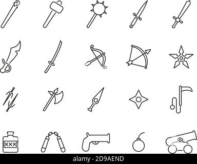 Vecchie armi o antiche armi icone nero e bianco sottile Set di linee grande Illustrazione Vettoriale