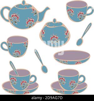 Set vettoriale di stoviglie per bere tè - tazze, tazze, teiera e zuccheriera. Concetto per il negozio di tè o caffè. Collezione di tazze classiche per il tè. Illustrazione Vettoriale