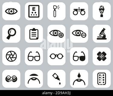 Esame di Optometria e icone delle apparecchiature di Optometria piatto bianco e nero Set di design grande Illustrazione Vettoriale