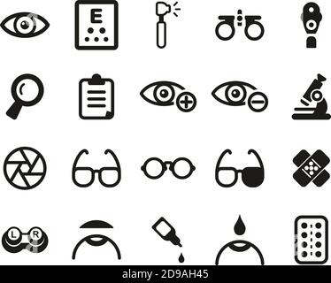 Set di icone bianco e nero per l'esame di Optometria e per l'apparecchiatura di Optometria Grande Illustrazione Vettoriale
