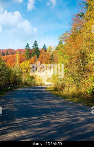 vecchia strada a serpentina in montagna. splendido scenario autunnale in una giornata di sole. alberi in fogliame colorato. viaggio in campagna in un concetto di fine settimana Foto Stock