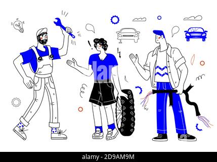 Banner di riparazione auto con meccanico auto che aiuta i proprietari di auto a fissare l'automobile, cartoon illustrazione vettoriale. Illustrazione Vettoriale