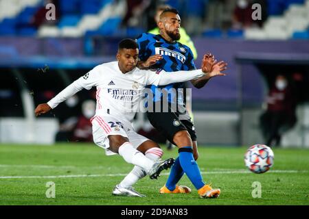 Rodygo Silva de Goes del Real Madrid spara per gol durante la UEFA Champions League, Group Stage, Gruppo B partita di calcio tra Real Madrid CF e C. Foto Stock