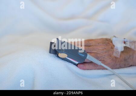 Primo piano dell'ossimetro del sangue e della frequenza cardiaca di un paziente anziano con la punta delle dita nella stanza dell'ospedale. Concetto di anziani e assistenza sanitaria Foto Stock