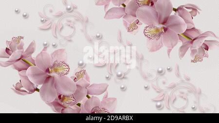 texture 3d della carta da parati, orchidee rosa e perle su carta acquerello, delicato disegno floreale Foto Stock