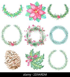 Set botanico di Natale e Capodanno con elementi naturali e ghirlande isolate su bianco. Illustrazione di acquerello vintage disegnata a mano con ele di disegno Foto Stock