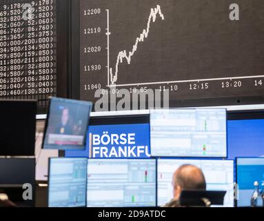 04 novembre 2020, Hessen, Francoforte sul meno: Un commerciante si trova nella sala di negoziazione della Borsa di Francoforte di fronte alla curva Dax e ai suoi monitor, sui quali sono in corso anche rapporti sulle elezioni presidenziali americane. Foto: Frank Rumpenhorst/dpa Foto Stock