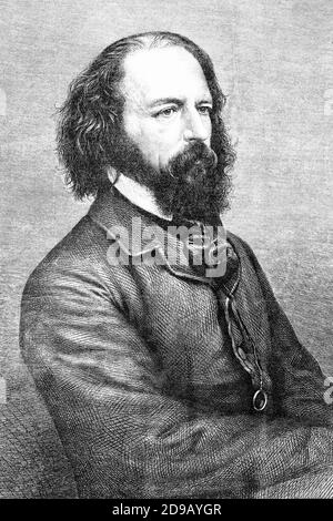Alfred Lord Tennyson, poeta premio del Regno Unito. 1809-1892. Illustrazione antica. 1867. Foto Stock