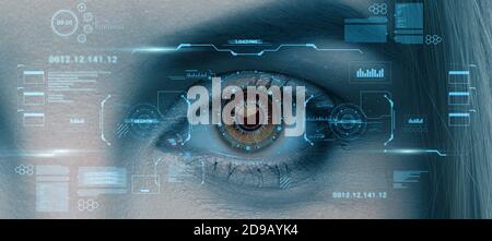 Scansione retina dell'occhio femminile, collage con dati futuristici su schermo virtuale. Sistema di identificazione biometrica dell'utente Foto Stock