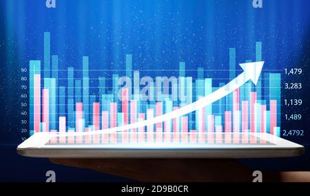 Tendenze moderne nel business, ologramma digitale futuristico astratto del grafico della crescita sullo schermo del tablet Foto Stock