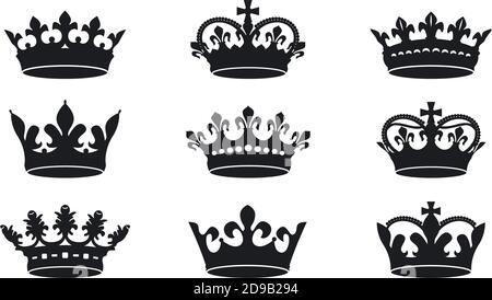 Una serie di icone nere delle corone vettoriali su sfondo bianco. Illustrazione vettoriale. Emblema, icona e simboli reali. Illustrazione Vettoriale