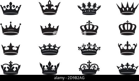 Una serie di icone nere delle corone vettoriali su sfondo bianco. Illustrazione vettoriale. Emblema, icona e simboli reali. Illustrazione Vettoriale