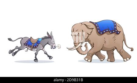 Asino ed elefante si attaccano a vicenda. Caricatura politica vettoriale. Dibattito tra Democratici e Repubblicani durante le elezioni americane. Mascotte cartoon. Illustrazione Vettoriale
