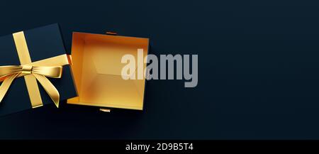 Confezione regalo aperta con arco dorato su sfondo nero 3D Rendering Foto Stock