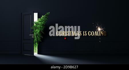 L'abete verde entra nella porta, Natale sta arrivando concept background 3D rendering Foto Stock