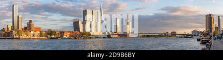 Rotterdam, Paesi Bassi - 26 aprile 2019: Panorama dello skyline del centro di Rotterdam con il ponte Erasmus e il nuovo fiume Mosa al tramonto Foto Stock