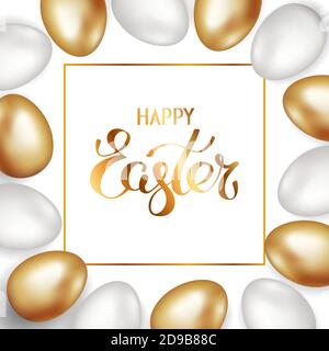 Titolo d'oro di Pasqua felice nella cornice con un bordo di oro e uova bianche di Pasqua su uno sfondo bianco. Sfondo dell'invito. Modello, g Illustrazione Vettoriale