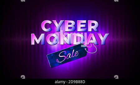 Opuscolo sulla promozione del Cyber monday. Bright banner cyber lunedi con prezzo di vendita tag. Segno di prezzo dell'offerta speciale. Sfondo al neon incandescente. Promo di design vettoriale moderno Illustrazione Vettoriale
