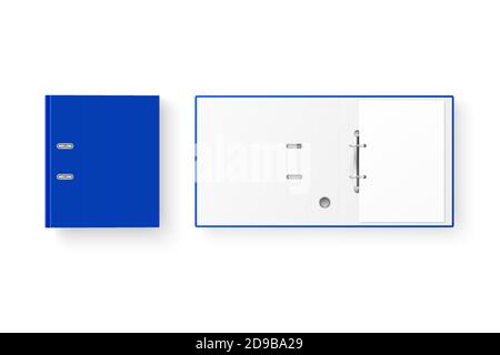 Vector 3d chiuso e aperto Blu realistico Binder Set vuoto per ufficio con anelli in metallo e foglio di carta A4 Closeup isolato su sfondo bianco. Design Illustrazione Vettoriale