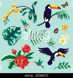 Set con foglie tropicali, fiori e uccelli Illustrazione Vettoriale